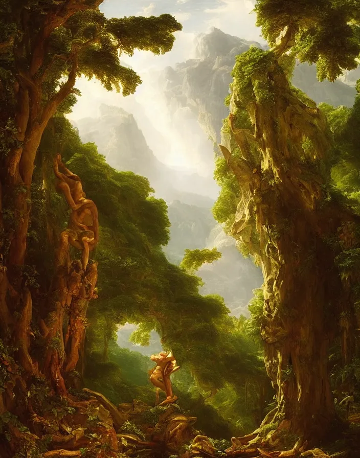 Image similar to an ancient greek statue lost in a gigantic forest by thomas cole, painting, cinematography, epic lighting,