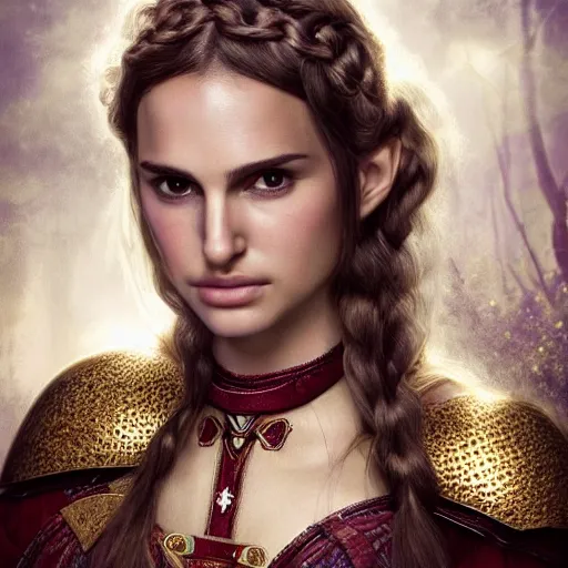 Prompt: head and shoulders portrait of a female knight, young natalie portman, golden etched armor, lord of the rings, celtic hair braid, eldritch ruby amulet, elf, by artgerm, alphonse mucha, face detail, sharp focus, high key lighting, vogue fashion photo