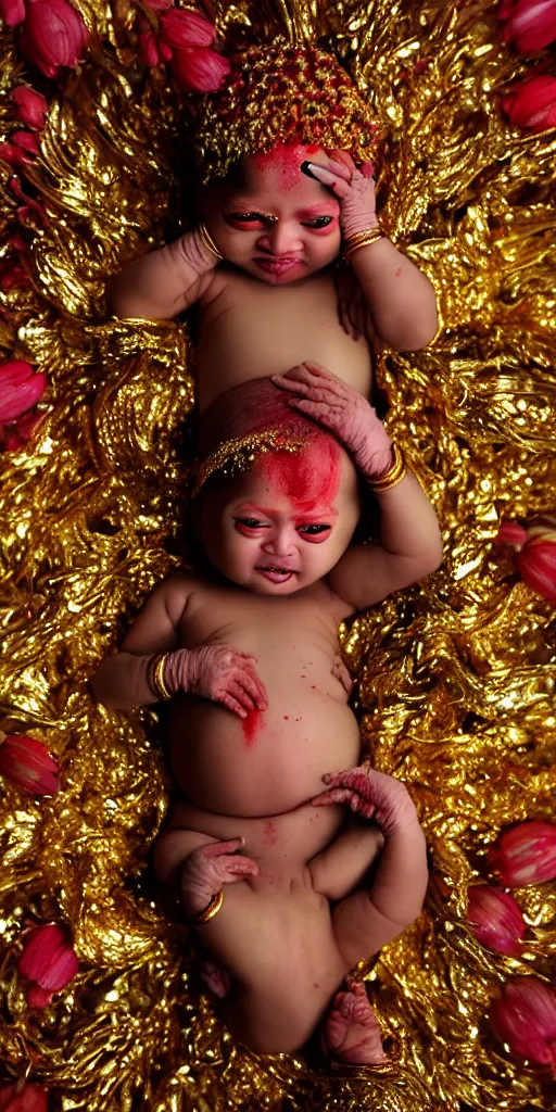 Prompt: award winning photo of ritualistic perfect indian albino baby draped in shiny gold, smiling and puking blood, red eyes wide open, rotten flesh, flowers, evil cult, mysticism, vivid colors, weird and disturbing, symmetrical face, grape hyacinth, blue delphinium, studio lighting, wide shot art by sally mann & arnold newman