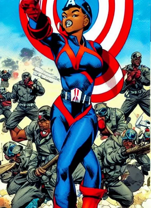 Image similar to black female captain america standing on a pile of defeated ss soldiers. feminist captain america wins ww 2. american ww 2 propaganda poster by rob liefeld, masamune shirow and pixar. gorgeous face. pin up. overwatch.