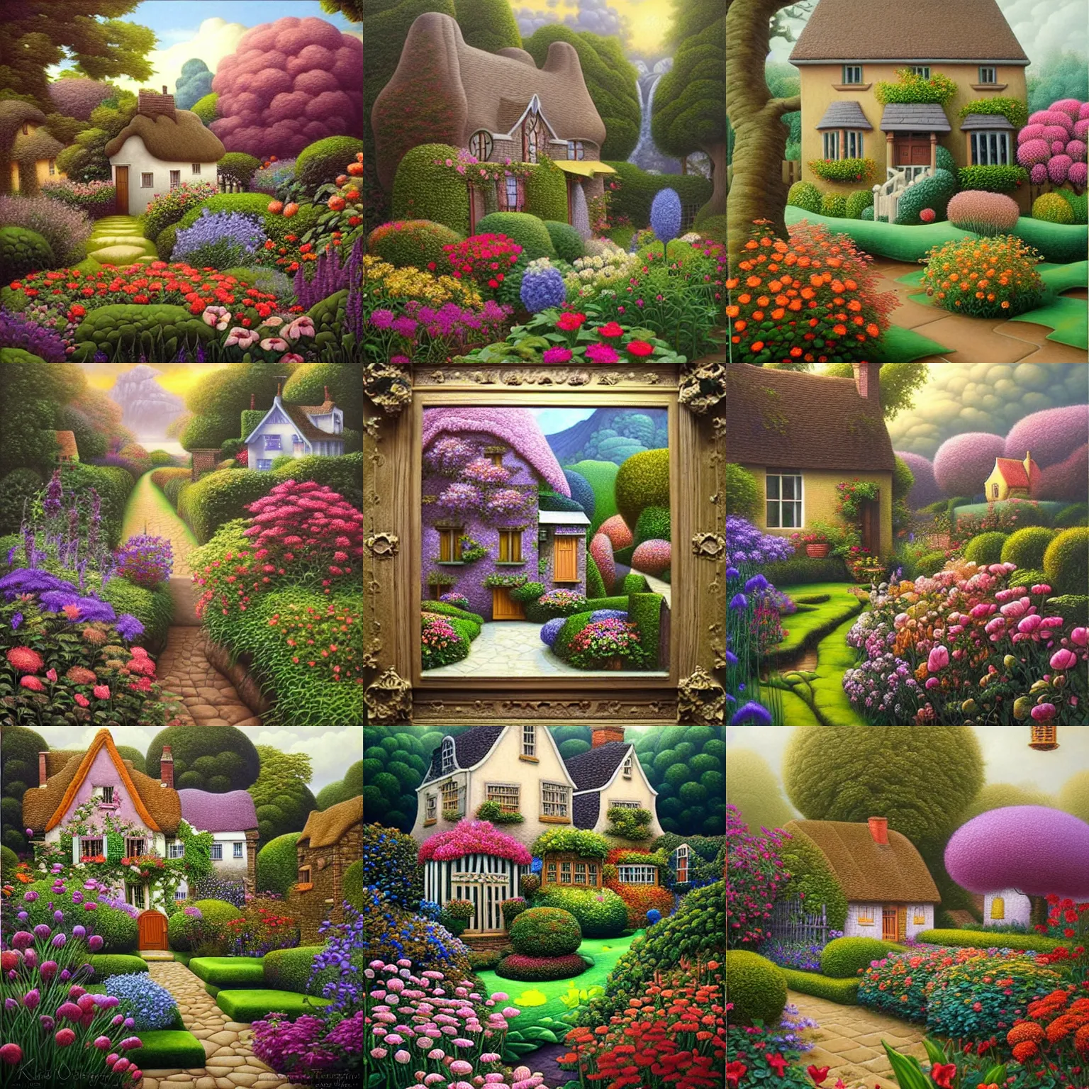 Prompt: a gorgeous, fantastic, cottage garden by michael kidd, escher, thomas kincade, trending on artstation, artgerm, acrylic on canvas,!! muted colors!!,!! low contrast!!