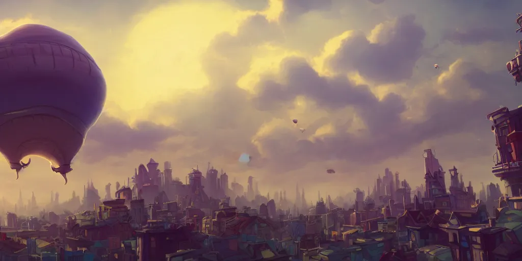 Image similar to the city in the of piltover, in the style from netflix's arcane, blimps in the sky, blue skies, soft clouds, trending on artstation