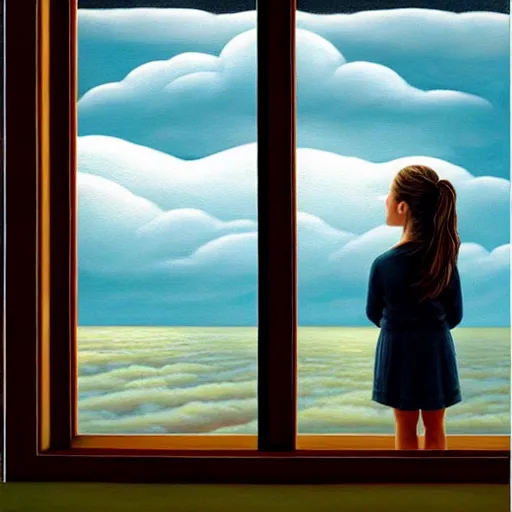 Image similar to a girl pensively looking out the window where a stormy clouds above a tumultuous sea, painting by jeffrey smith