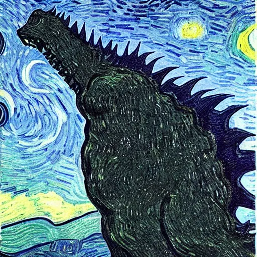 Prompt: godzilla in new york, dark colors, by Vincent Van Gogh