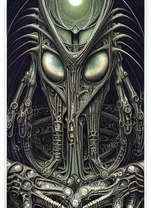 Prompt: symmetrical tarot card, H.R. Giger art, the blind oracle of cold biomechanics, detailed, intricate, elegant, cgsociety, haunting, luxurious, ominous, matte painting, cinematic, Brian Froud, Yoshitaka Amano, Hiroshi Yoshida, Wayne Barlowe