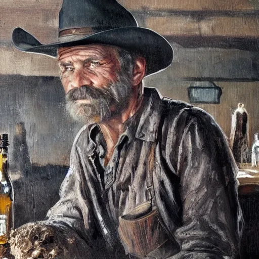 Image similar to modern stylized oil painting portrait of wrinkled and rugged cowboy, dirty and muddy with worker clothes at table with bottle in western saloon, 1890, masterpiece, realistic and detailed, artstation, interesting artificial spotlight lightning, cinematic, dramatic