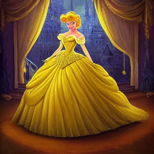 Image similar to cinderella dressed in the world's most beautiful yellow ballgown stands gracefully in the middle of a magical ballroom of a fairytale castle, spotlight on her. highly detailed fantasy art, magical realism, disney. dreamy.