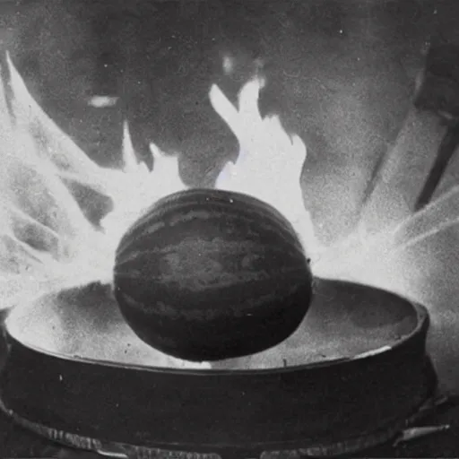 Image similar to a watermelon on fire in a bar, early 1 9 0 0 s newspaper