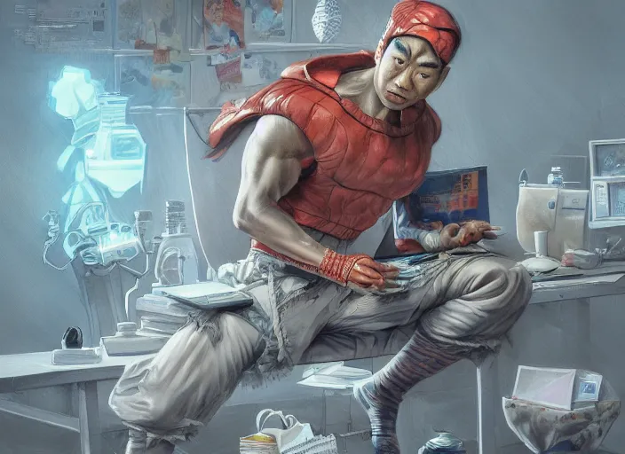 Image similar to an insanely detailed painting of an asian man wearing a homemade superhero costume, sitting at a desk, staring seriously at the computer and typing, in the style of peter mohrbacher, james jean, artgerm, dramatic lighting and composition, surreal background, octane render, pixar, trending on artstation, concept art, comic book, view from behind, 8 k