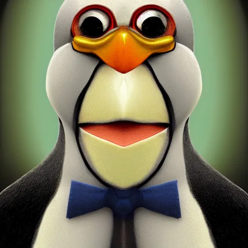 Prompt: color portrait of a bad penguin (white hair with blue eyes and a cigar), trending artstation, greg turkowski, digital art, symmetrical,