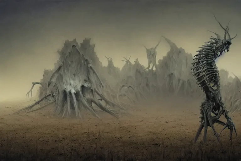 Prompt: army of bones forming, prophecy, moody, amazing concept painting, art station, by Jessica Rossier and HR giger and Beksinski, the middle of a valley; it was full of bones, bones that were very dry, there was a noise, a rattling sound, and the bones came together, bone to bone , I looked, and tendons and flesh appeared on them and skin covered them, but there was no breath in them and breath entered them, they came to life and stood up on their feet a vast army