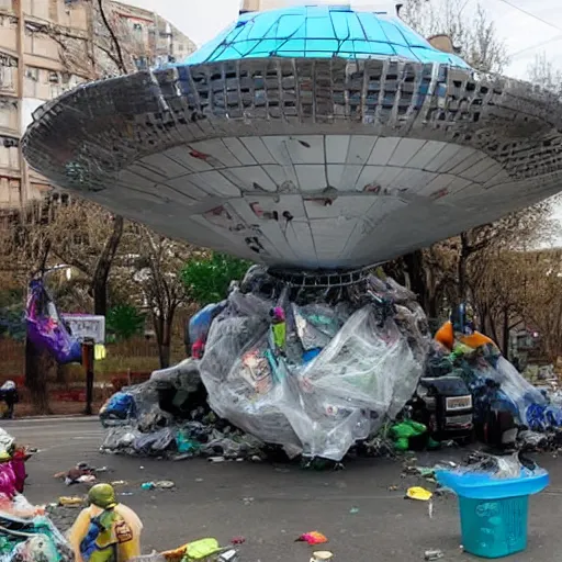 Image similar to enormous alien mothership made from plastic garbage