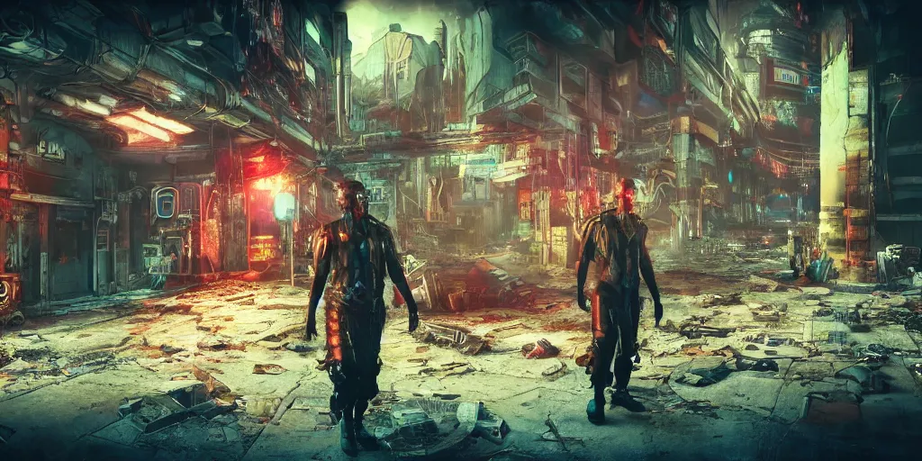 Image similar to cyberpunk chtulhu, fallout 5, studio lighting, deep colors, apocalyptic setting, sneak peek into the future