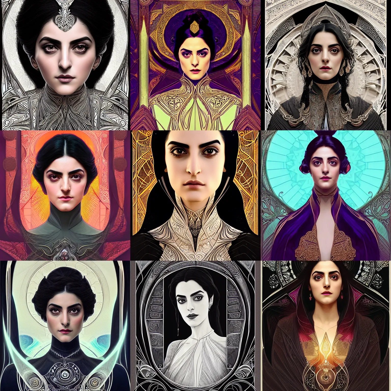 Prompt: front facing symmetrical centered portrait, Maya Ali as a sorcerer, black hair, Art Nouveau, beautiful retro Fantasy heroine 1985, intricate, elegant, highly detailed, centered, digital painting, trending on artstation, concept art, smooth, sharp focus, illustration, art by raphael lacoste, eddie mendoza, Mucha, alex ross, WLOP