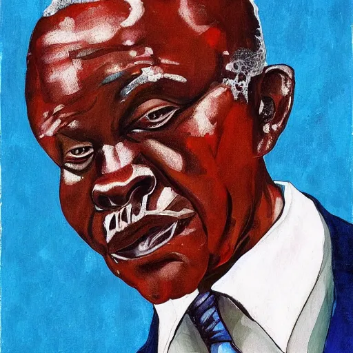 Image similar to a painting of a fatherly wide forehead, round face, XXL , loving, caring, generous, ever-present, humble, wise elder from Kenya in a suit by Wangechi Mutu . Fatherly/daddy, focused, loving, leader, relaxed. blue background, ethereal lights, details, smooth, sharp focus, illustration, realistic, cinematic, artstation, award winning, rgb , unreal engine, octane render, cinematic light, macro, depth of field, blur, , highly detailed epic cinematic concept art CG render made in Maya, Blender and Photoshop, octane render, excellent composition, dynamic dramatic cinematic lighting, aesthetic, very inspirational, arthouse.