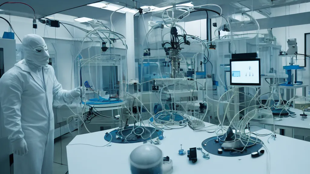 Prompt: a octoidal mri 3 d printer machine and control panels in the laboratory inspection room making organic forms, film still from the movie directed by denis villeneuve with art direction by salvador dali, wide lens