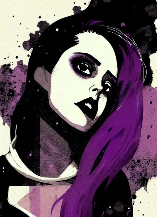 Image similar to highly detailed closeup portrait of beautiful carly chaikin as darlene alderson, moody punk style, by atey ghailan, by greg rutkowski, by greg tocchini, by james gilleard, by joe fenton, by kaethe butcher, gradient purple, black and white color scheme, grunge aesthetic!!! ( ( graffiti tag wall background ) )