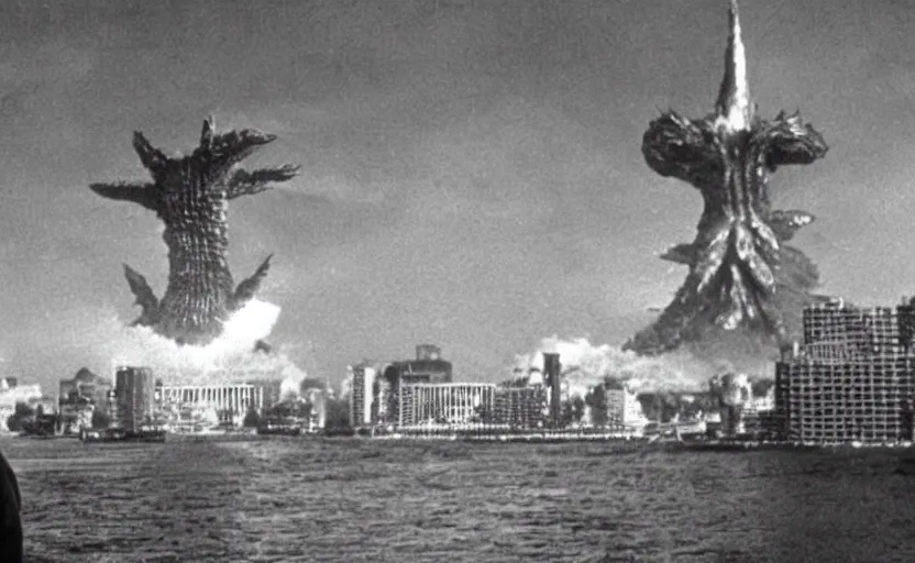 Image similar to a filmstill of Kim Jong-il and a Starro monster destroying Pyongyang, in Godzilla (1954) by Ishirō Honda, traditional Korean city, palace, epic ultrawide shot, cinémascope