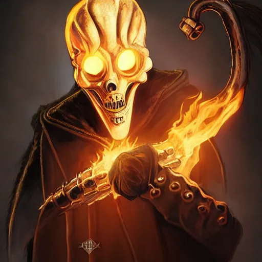 Prompt: ghost rider as a plague doctor with the plague doctor mask half burnt off showing his face, beautiful artwork by artgerm and rutkowski, by akira toriyama, breathtaking, beautifully lit, dramatic lighting, full view