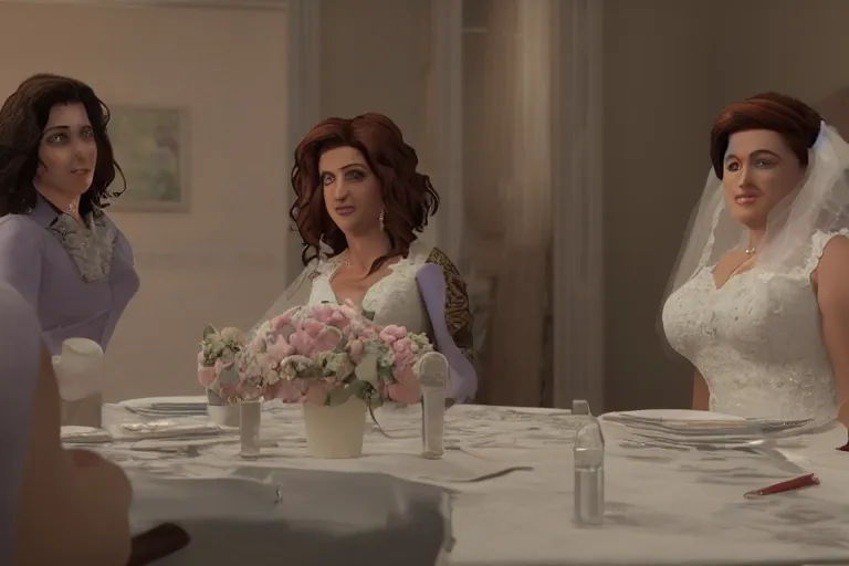 Image similar to a still from My Big Fat Greek wedding, wedding, wedding, with Fox McCloud and godzilla, octane render, nvidia raytracing demo, masterpiece