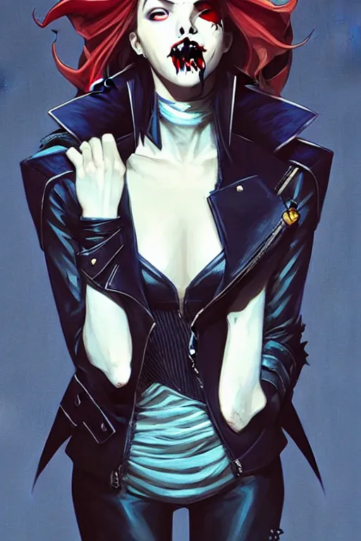 Image similar to rafael albuquerque comic art, art nouveau, peter mohrbacher, artgerm, pretty anya taylor - joy vampire sharp vampire teeth open mouth, symmetrical eyes, black leather jacket, jeans, long blonde hair, full body