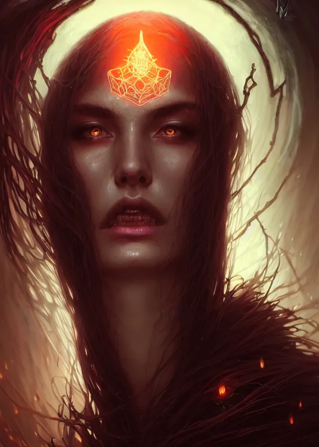 Image similar to Necromancer Sorceress face close-up macro in center, fantasy magic, undercut hairstyle, dark light night, intricate, elegant, sharp focus, illustration, highly detailed, digital painting, concept art, matte, art by WLOP and Artgerm and Greg Rutkowski and Alphonse Mucha, masterpiece