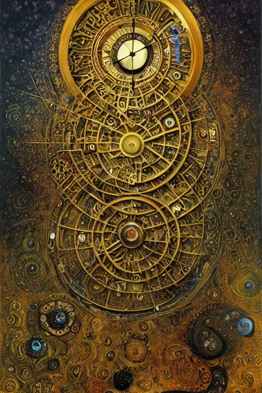 Image similar to The Helliquary by Karol Bak, Jean Deville, Gustav Klimt, and Vincent Van Gogh, otherworldly, fractal structures, arcane, clockface, spiral clock, inferno, inscribed runes, reliquary, infernal relics, ornate gilded medieval icon, third eye, spirals