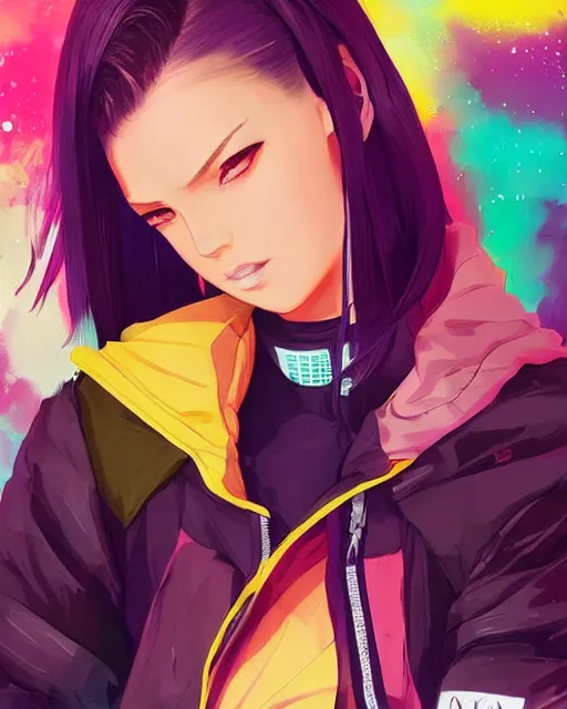 Image similar to poster woman with futuristic streetwear and hairstyle, colourful, model face, cute face, pretty face, 3/4 portrait, Galaxy eyes, beautiful, elegant, Anime by Kuvshinov Ilya, Cushart Krentz and Gilleard James, 4k, HDR, Trending on artstation, Behance, Pinterest, award winning