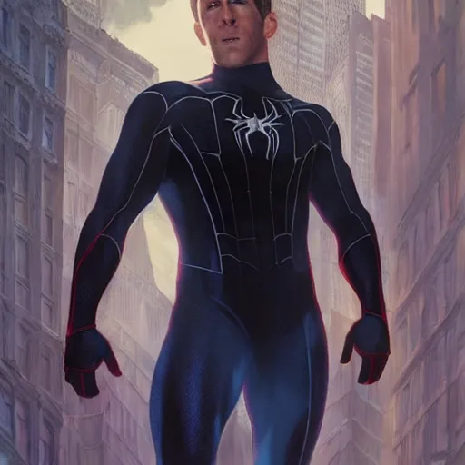 Image similar to ryan reynolds as spider - man, wearing a black and blue suit, cinematic, volumetric lighting, f 8 aperture, cinematic eastman 5 3 8 4 film, photorealistic by greg rutkowski, by stanley artgerm, by alphonse mucha