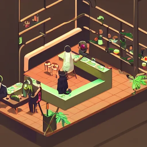 Image similar to cannabis cafe detailed cute characters, isometric fun style rendered, by ren hang, australian style video game still