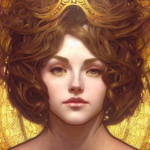 Image similar to Masterpiece head and shoulders portrait of Caitlyn from League of Legends of Arcane animated Series drawn by Donato Giancola and Makoto Shinkai, Edmund Leighton, Alphonse Mucha, background by James Jean and Gustav Klimt, 4k, porcelain skin, volumetric lighting, komorebi, french nouveau, trending on artstation, octane render, hyperrealistic