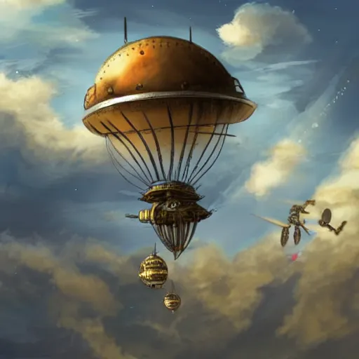 Image similar to A steampunk airship flying through the clouds towards a towards a steampunk city, fantasy anime style