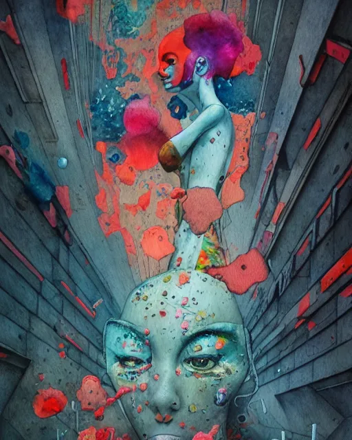 Image similar to mixed media, watercolor, a brutalist designed, vivid colours, cryptic, mystical, pop surrealism by james jean, juan gatti, atmospheric, trending on artstation. 8 k masterpiece.