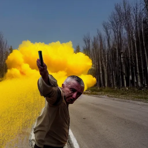 Image similar to a selfie of a ukrainian in yellow - blue rags against the backdrop of a nuclear explosion shoots himself in the head with a pistol in order to die a less painful death