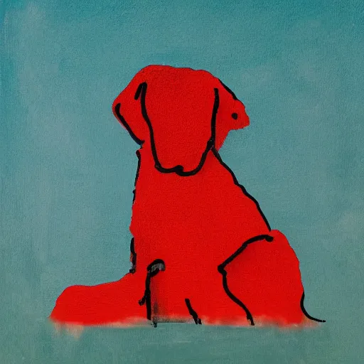 Prompt: A red dog sitting in the middle with red spots. in the art style of William Turner. Dramatic lighting, minimal painting, high resolution. Positive vibes