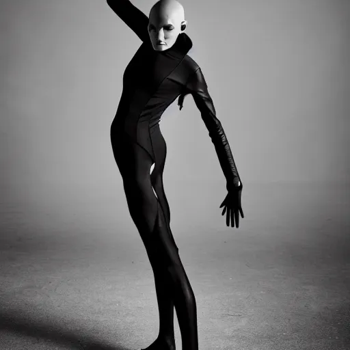 Image similar to fashion photography of a genderless alien model, full body, wearing a black leotard, photo 3 5 mm leica, hyperdetail, berghain, 8 k, very detailed, black and white