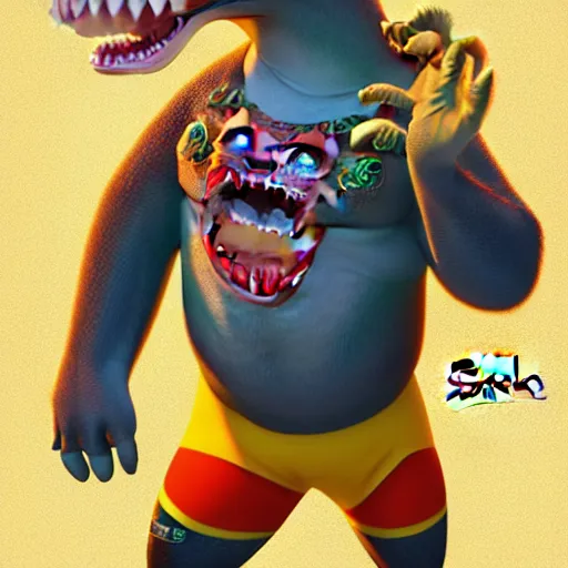 Image similar to in the style of artgerm and disney, 3 d render, anthropomorphic alligator, symmetrical face, symmetrical eyes, red scales on his back, yellow scale on his belly and chest, male, waring a hawaiian shirt, in the style of zootopia, hd, 4 k, high definition background