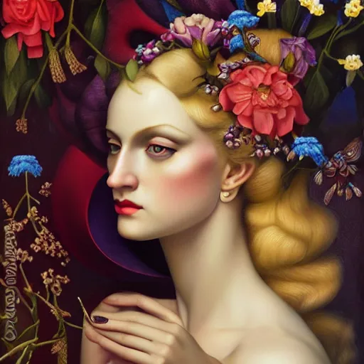 Prompt: dynamic composition, shy woman with blonde hair full of spring flowers wearing ornate earrings, ornate gilded details, pastel colors, a surrealist painting by tom bagshaw and jacek yerga and tamara de lempicka and jesse king, wiccan, pre - raphaelite, featured on cgsociety, pop surrealism, surrealist, dramatic lighting