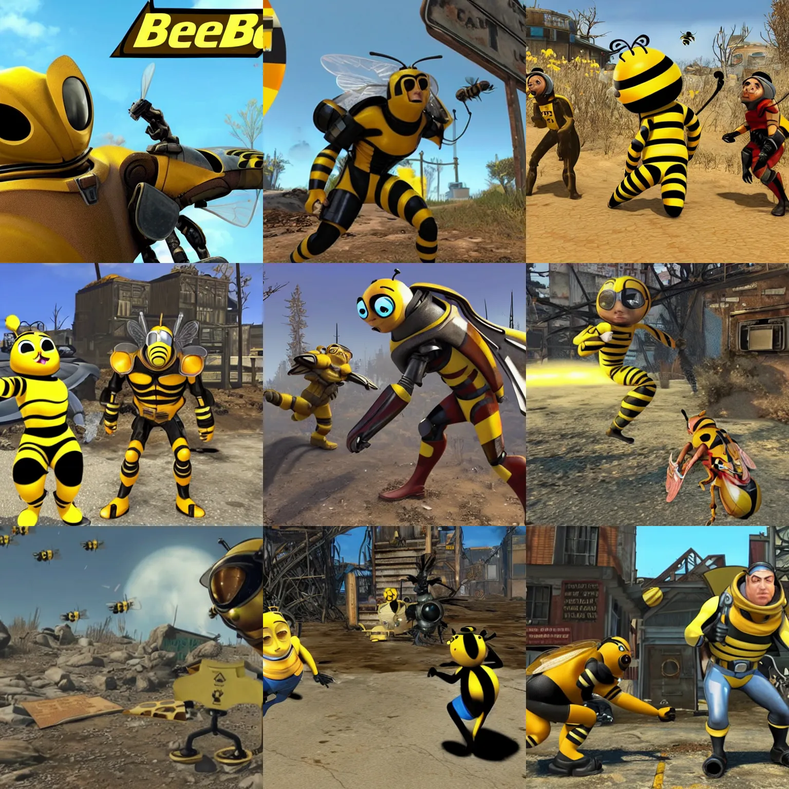 Prompt: a bee movie and fallout 4 crossover game