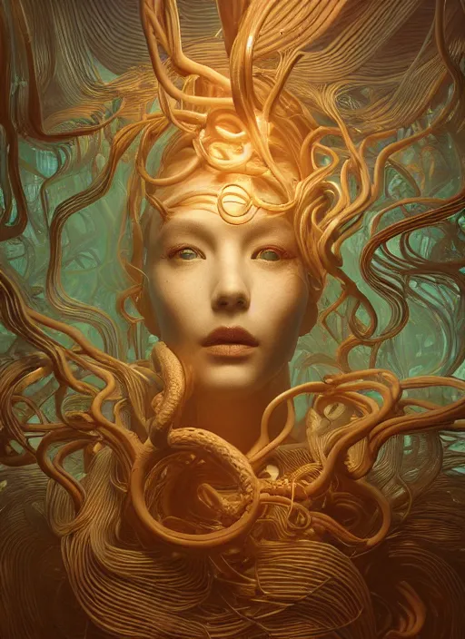 Image similar to subsurface scattering, medusa made of soft wax, cgsociety, translucent, wooden art nouveau swirls, colored smoke, gold cables, electricity, tubes, in the style of ruan jia and beeple and giger, mystical colors, back light, rim light, dramatic lighting, 8 k, stunning scene, raytracing, octane render
