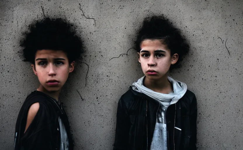 Image similar to cinestill 5 0 d candid photographic portrait by helen levitt of a mixed teen wearing rugged black mesh techwear, modern cyberpunk moody emotional cinematic, white pale concrete city, dust storm, 8 k, hd, high resolution, 3 5 mm, f / 3 2, ultra realistic faces, ex machina