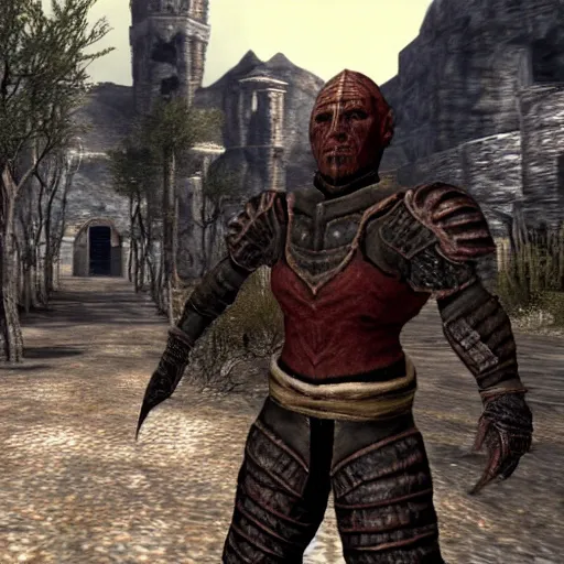 Image similar to attacking screenshot of george st. pierre in morrowind, imperial armor, pc graphics, npc talking, wilderness, 7 2 0 p, elder scrolls iii, detailed, dialog text