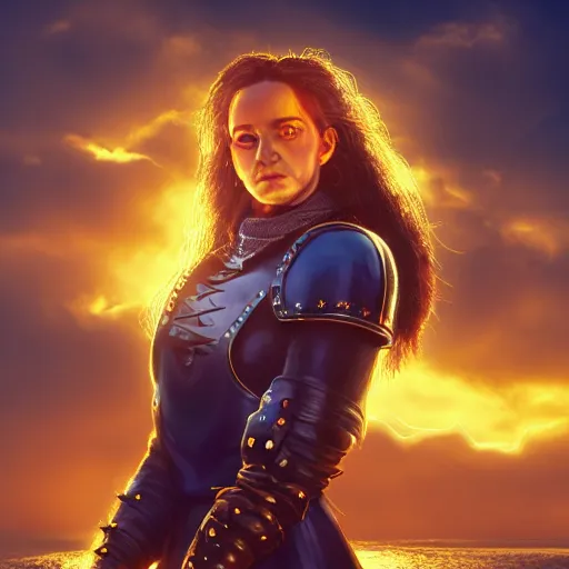 Prompt: subject is a medieval woman ship pilot with long side part hair and wearing breastplate, close portrait of subject is on a ship and looking to dramatic golden neon sunset with wall of storm clouds, dynamic lighting, hyperrealistic, hd 4 k, artstation