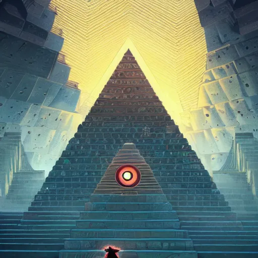 Prompt: the all seeing pyramid with many eyes watching over a crowd of people climbing endless stairs, epic, golden hour, by wlop, dan mumford, artgerm, liam brazier, peter mohrbacher, 8 k, raw, featured in artstation, octane render, cinematic, elegant, 8 k