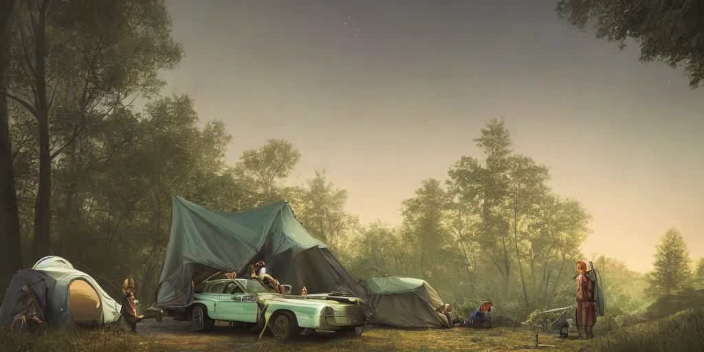 Image similar to knight camping next to green car, elegant scene, low angle, wide angle, indian forest, wide angle, cinematic, ultrarealistic, trending on artstation, cgsociety, highly detailed, color graded, rendered in unreal engine 4 k hq, matte painting, by simon stalenhag and hudson river school, horizon forbidden west