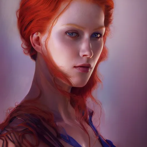 Image similar to A Beautiful woman with red hair and blue eyes in the best modeling position, detailed, centered, digital painting, artstation, concept art, donato giancola, Joseph Christian Leyendecker, WLOP, Boris Vallejo, Breathtaking, 8k resolution, extremely detailed, beautiful, establishing shot, artistic, hyperrealistic, beautiful face, octane render, cinematic lighting, dramatic lighting, masterpiece