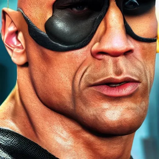 Prompt: dwayne johnson as johnny bravo, photo realistic, high detail, 8 k, movie poster