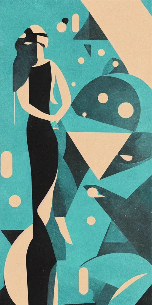 Image similar to “ femme on a galactic shore, noir, solid shapes, geometric art deco, french, teal palette, plain, no fine details, isaac asimov ”