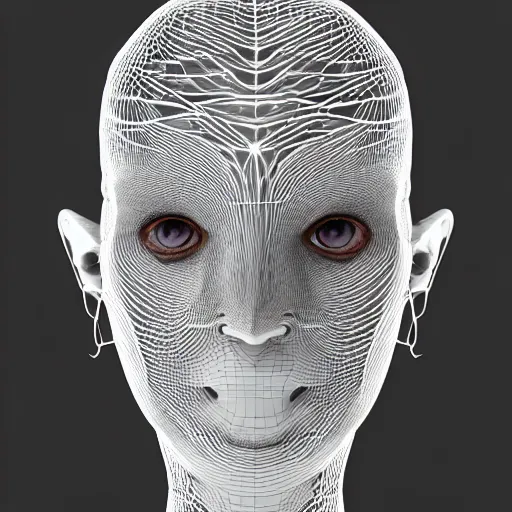 Prompt: achromatic 3D render of one beautiful face portrait of a female vegetal-dragon-cyborg, 150 mm, magnolia stems, black butterflies, fine lace, Mandelbrot fractal, anatomical, flesh, facial muscles, cable wires, microchip, veins, arteries, full frame, microscopic, elegant, highly detailed, flesh ornate, high fashion, rim light, octane render in the style of H.R. Giger and Man Ray