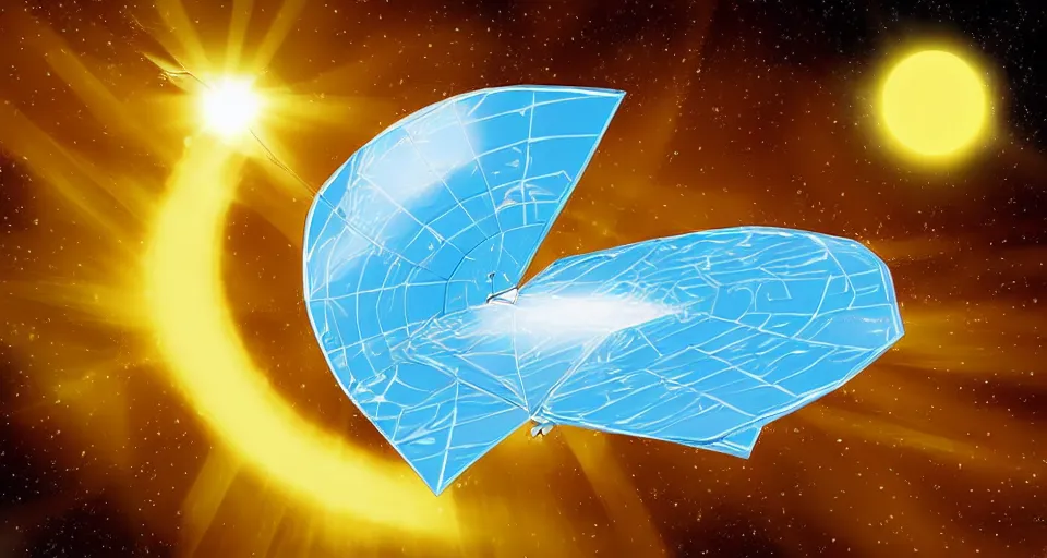 Image similar to solar sail, floating in space between the sun and earth, cartoon illustration